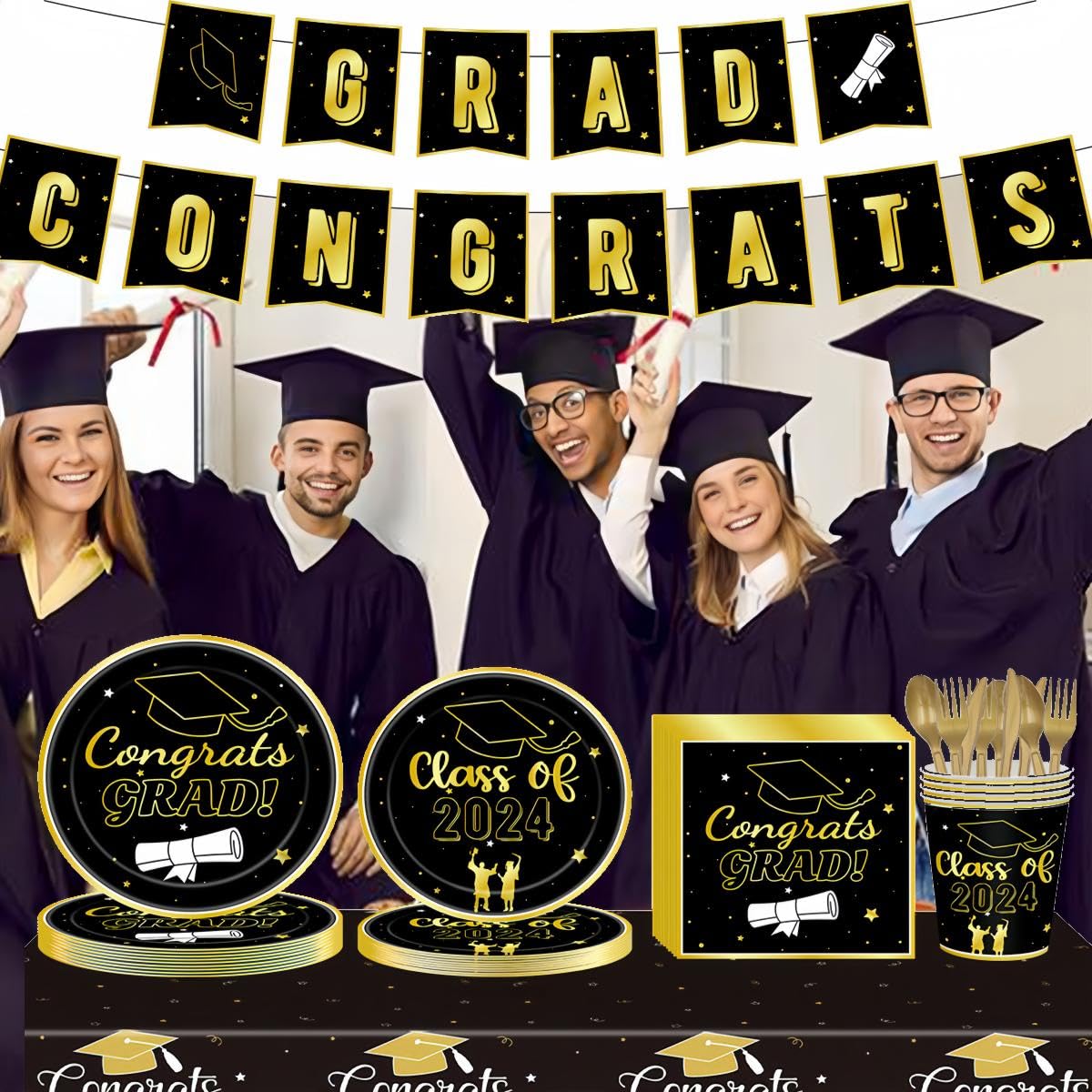 2024 Graduation Party Supplies,Graduation Party Decorations,Black & Gold Disposable Paper Plates Napkins Cups Tablecloth Banner for Congrats Grad (Serves 24)