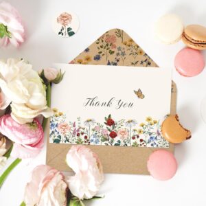 Whaline 30 Pack Wildflower Thank You Cards Vintage Floral Greeting Cards with Envelopes Stickers Retro Flower Blank Note Cards for Wedding Bridal Baby Shower Birthday Party Supplies, 4 x 6 Inch