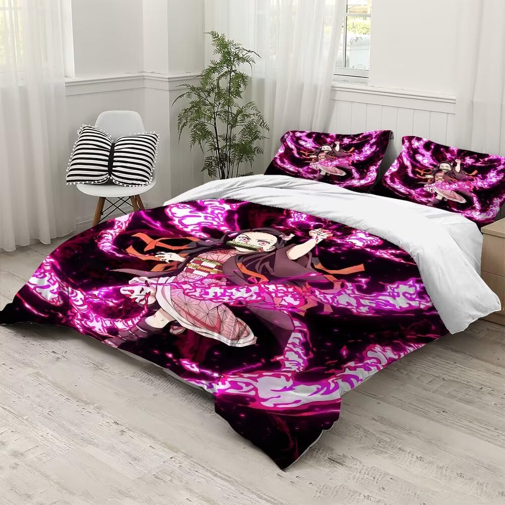 Zekdoi Japanese Anime Duvet Cover Set Full Size,Demon Kamado Nezuko Bedding Comforter Cover for Teen Boys Girls Bedroom Decor, 3 Pieces Soft Microfiber Bedding Sets with 2 Pillowcases