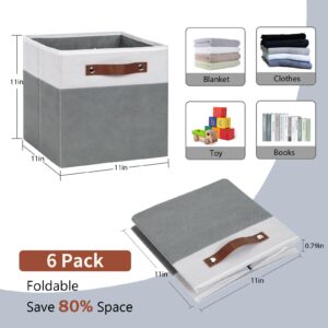 HNZIGE Fabric Storage Cubes 11x11x11,6Pcs Storage Cubes Organizer shelves, Large Linen Closet Foldable Storage Cubes for Shelves,Baskets for Cube Storage Home, Office Toy (White Gray)