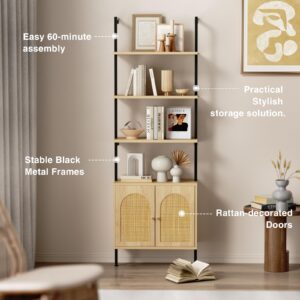 Ladder Bookshelf with Cabinet, 6 Tier Wall Mount Ladder Bookcase with Rattan Cabinet, Tall Open Ladder Shelf with Metal Frame for Living Room, Bathroom, Home Office, Natural