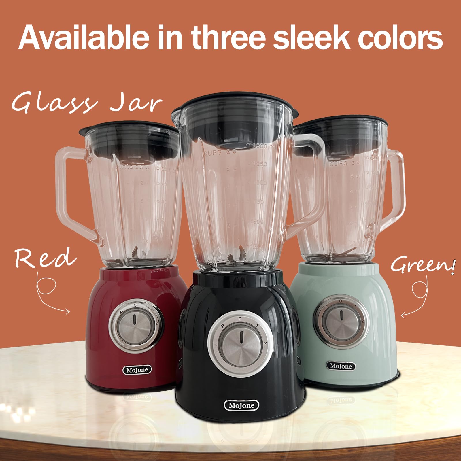 MoJone Powerful Kitchen blender, Ice Crusher Mixer, 1.5LG 50oz Glass Jar, 6 pieces 304 stainless steel blades,21000RPM high speed,ABS Body safely blending with longer lifespan (red)