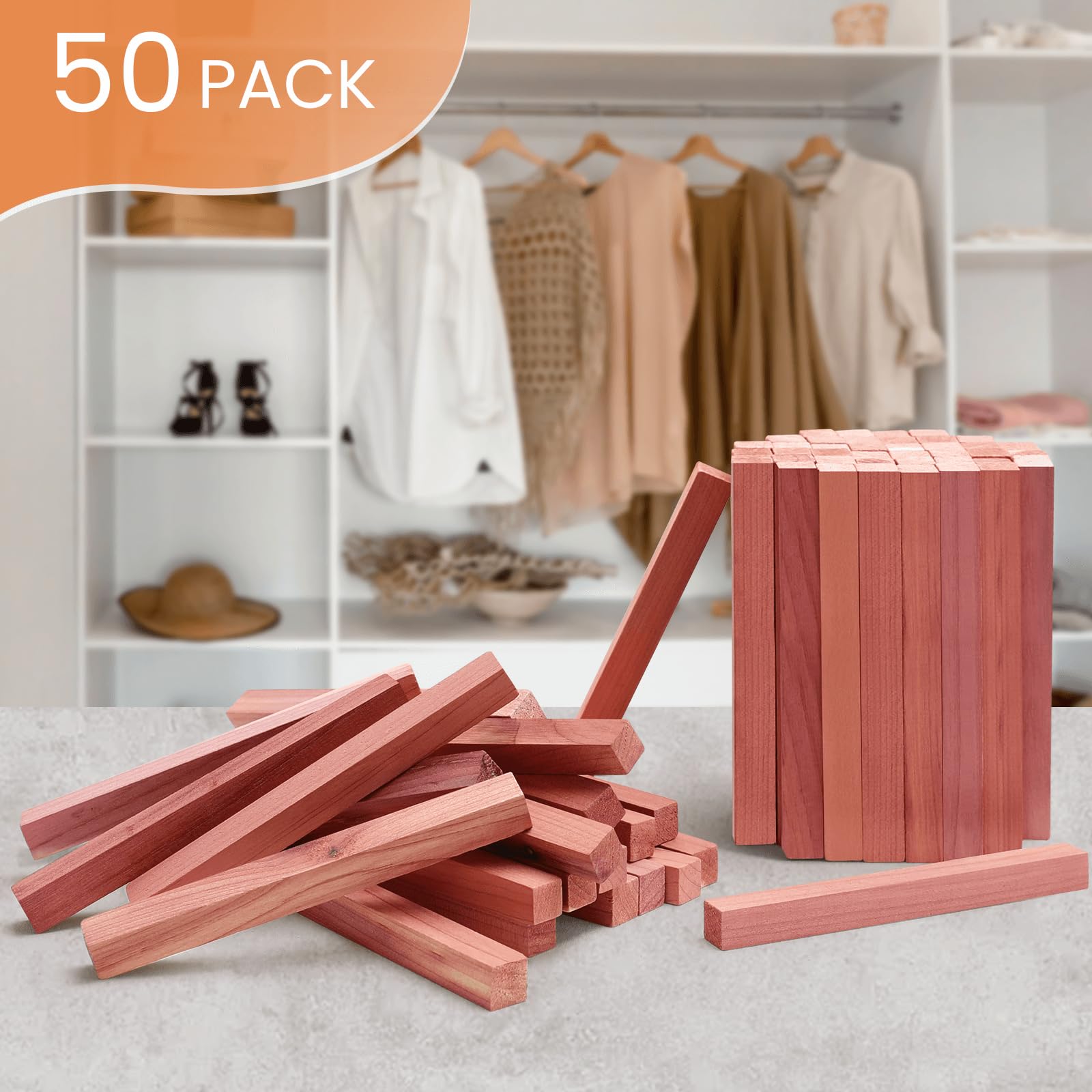 Homode Cedar Blocks for Clothes Storage, 50Pcs Cedar Sticks, Aromatic Red Cedar Wood Chips, Cedar Planks for Closets, Drawers, Wardrobe