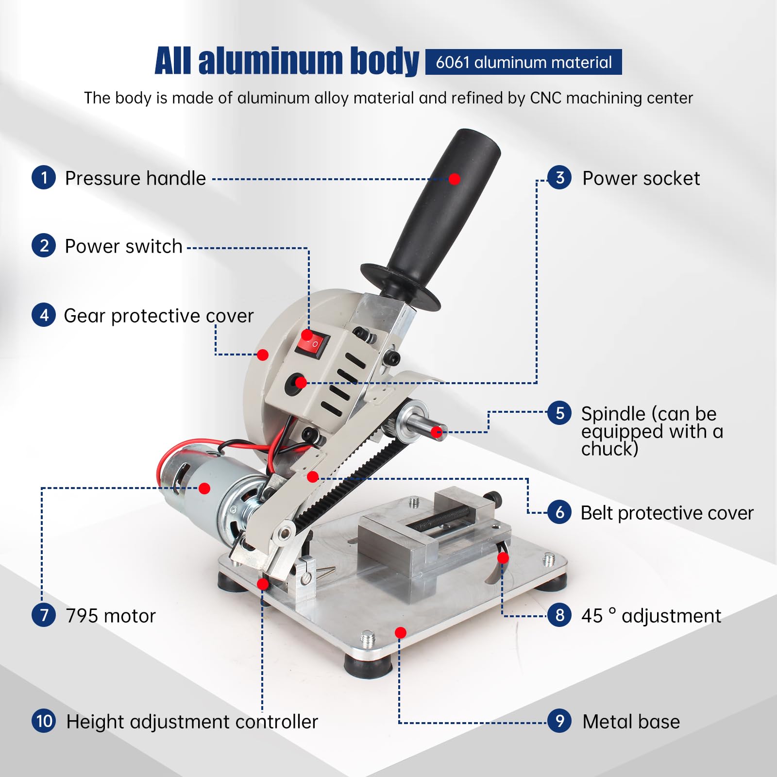 RATTMMOTOR Q08-3 Multipurpose Portable Small Hobby Table Saw Cutting Machine 110V-220V, 0-45° Angle Adjustable, 795 Motor Dual Shaft for Wood, Plastic, Aluminium, Stainless Steel (Standard Set)