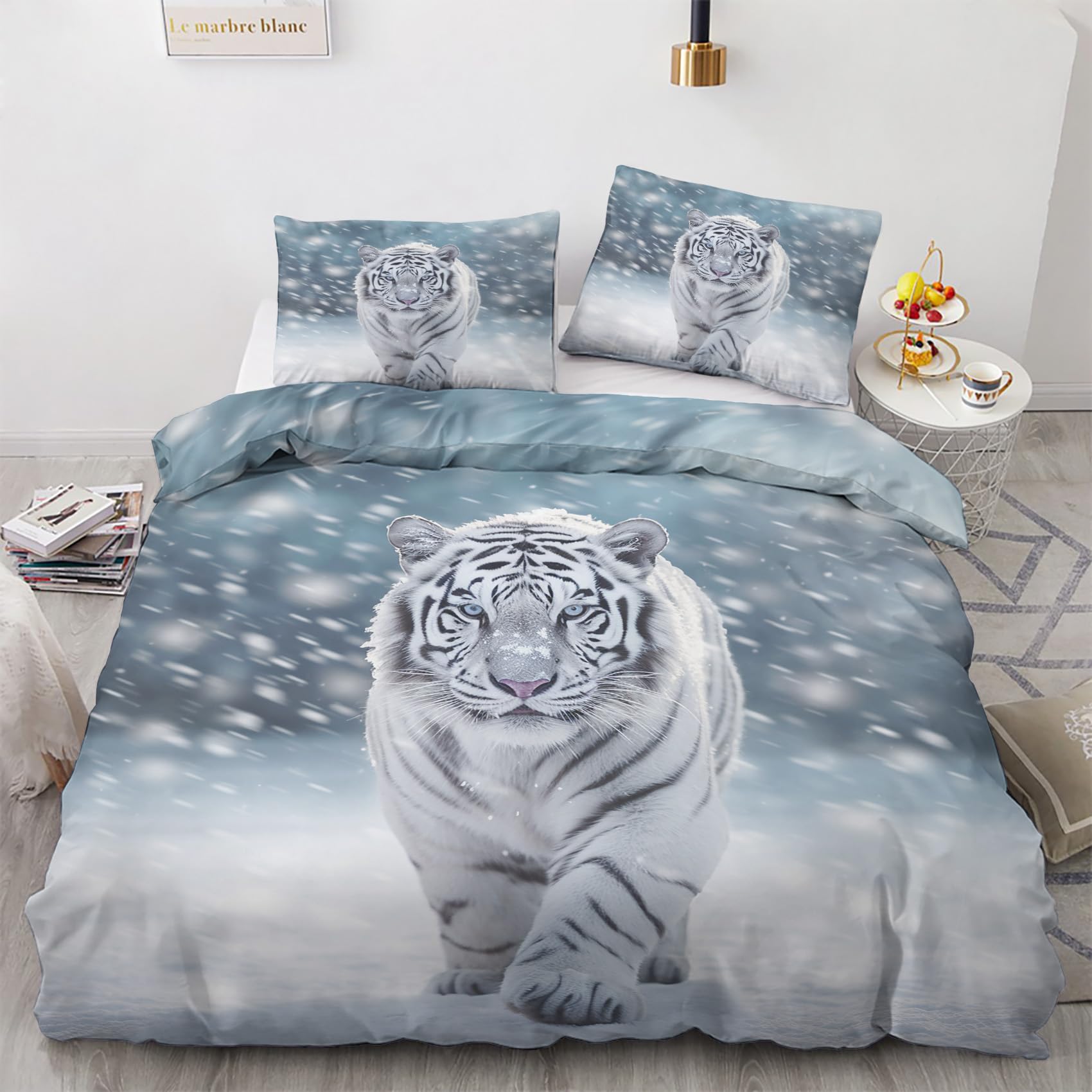 zcwl White Tiger Duvet Cover King Size | Animal Bedding Set | 3 Piece | Soft Microfiber Patterned Comforter Cover with Zipper Ties & 2 Pillowcases | Tiger Bedroom Decor