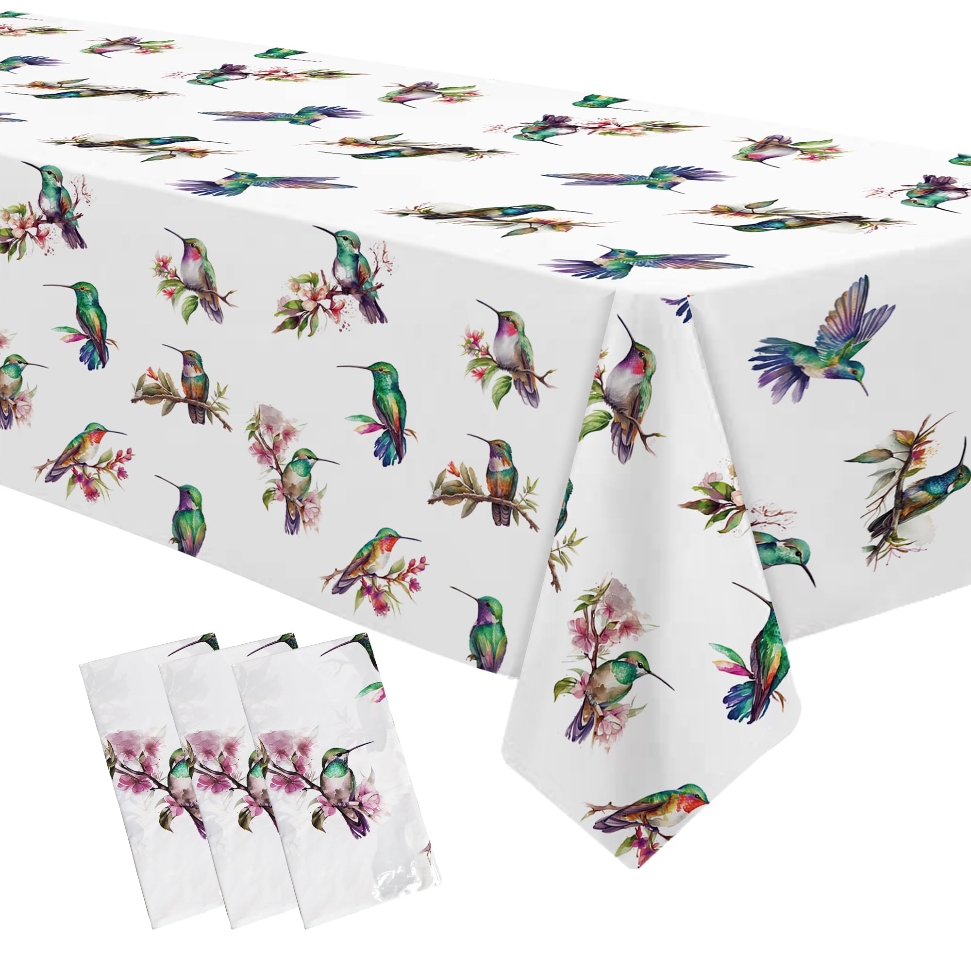 APOWBLS Hummingbird Birthday Party Decorations Tablecloth - Disposable Bird Hummingbird Party Supplies Table Cover, Floral Hummingbird Bridal Baby Shower Wedding Table Cloth - 3 Pack (54in x 108in)