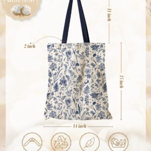 Miss Adola Aesthetic Canvas Tote Bag with Inner Pocket for Women, Cloth Cotton Totes Bag with Pattern for Shopping, Gym, Blue Line Flower