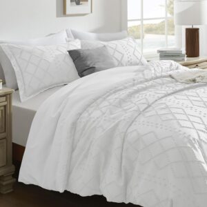 downluxe Boho Duvet Cover Queen - Embroidery Shabby Chic Queen Duvet Cover Set for All Seasons, 3 Pieces Tufted Boho Bedding, Comforter Cover with Zipper (White 02, Queen, 90" x 90")