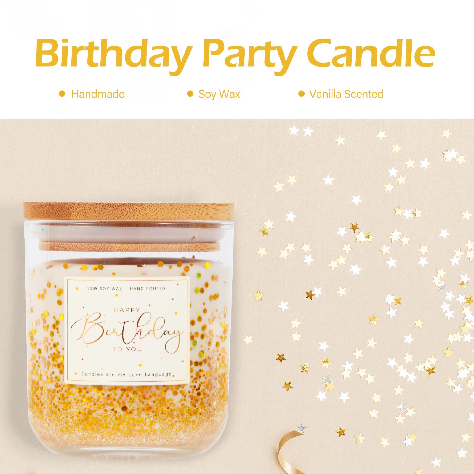 Birthday Gifts for Women-11oz Vanilla Scented Candle with Golden Glitter, Unique Birthday Gifts for Friends, Bestie, Mom, Sister, Coworker Happy Birthday Candle