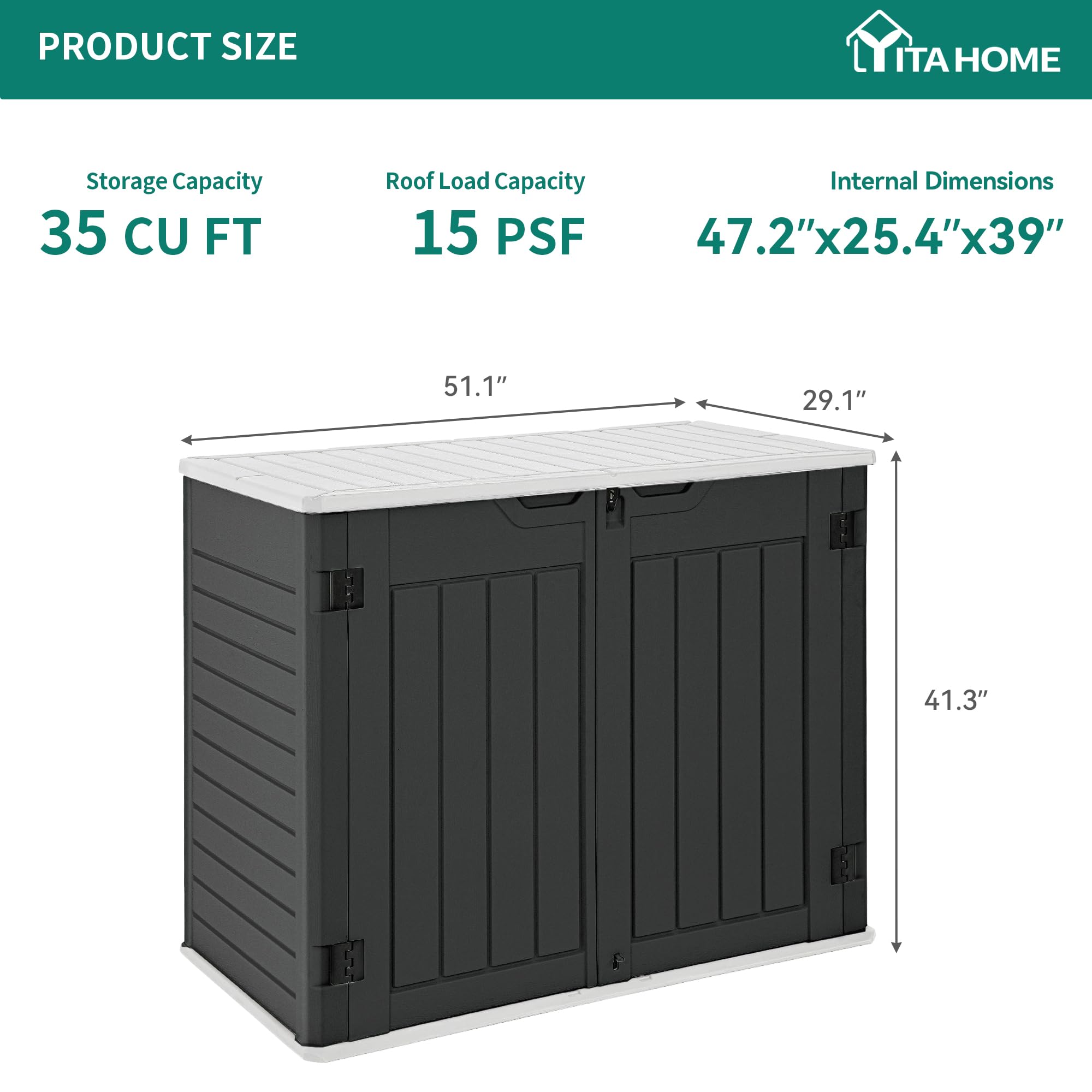 YITAHOME Outdoor Resin Storage Sheds, 39 in Height Lockable Waterproof Horizontal Shed w/o Shelf，Easy to Assemble Shed Storage for Garden Tools, Dark Gray