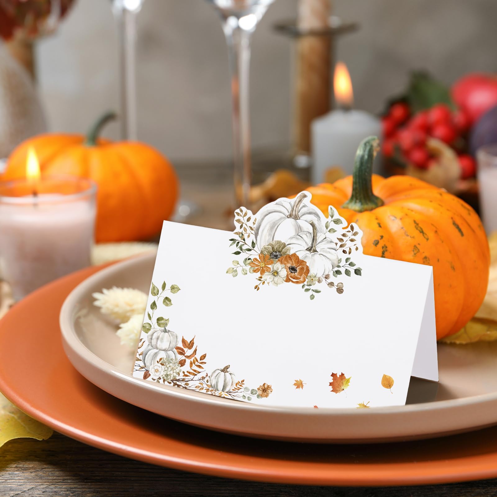 Whaline 100Pcs Fall Place Cards 3.5 x 2 Inch Pumpkin Leaves Tented Cards Autumn Seating Cards for Thanksgiving Party Table Setting Supplies