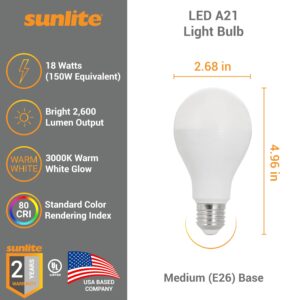 Sunlite LED A21 Light Bulb, 18 Watts (150W Equivalent), 2600 Lumens, 120V, Dimmable, Medium E26 Base, 220 Degree Beam Angle, UL Listed, RoHS Compliant, 3000K Warm White, 1 Pack