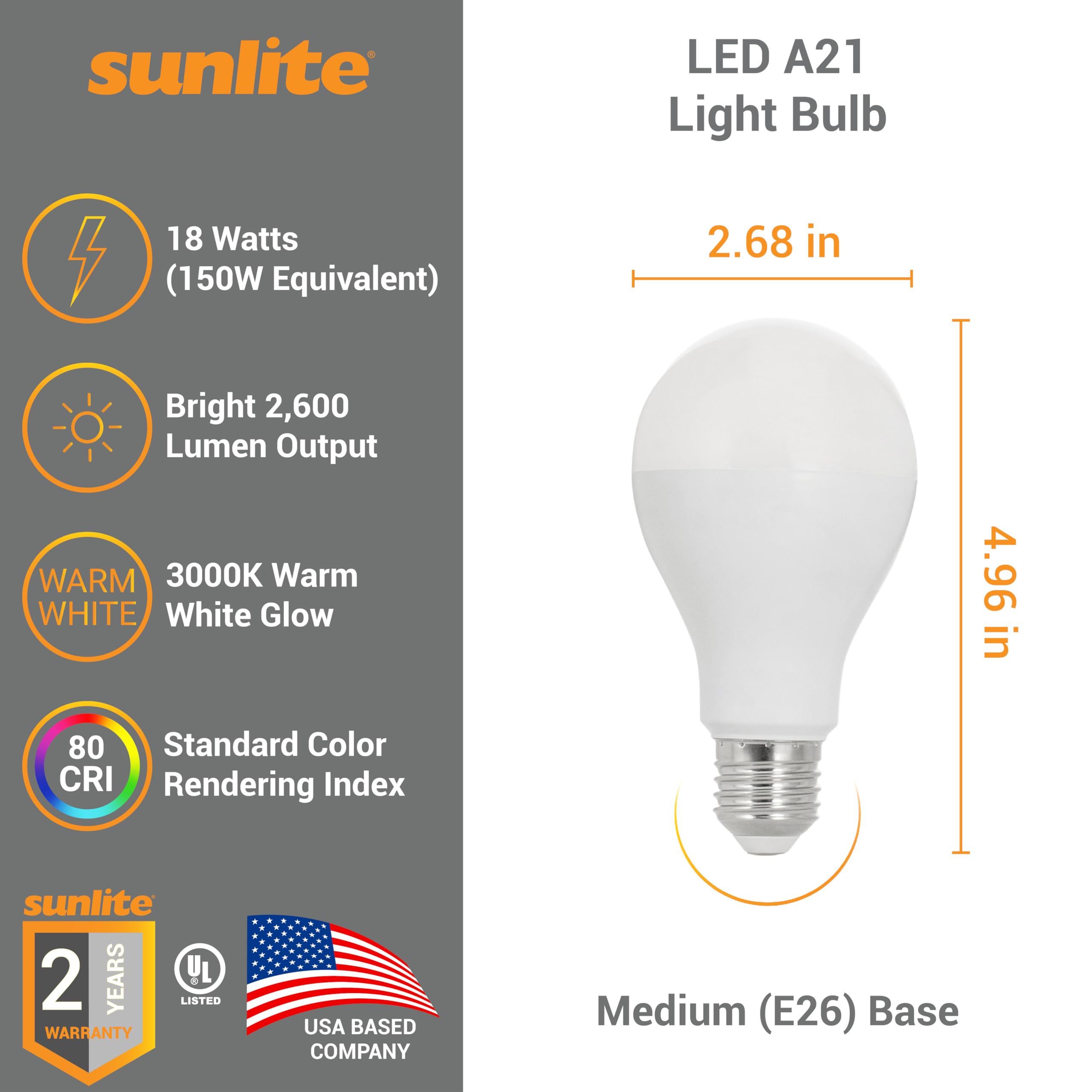 Sunlite LED A21 Light Bulb, 18 Watts (150W Equivalent), 2600 Lumens, 120V, Dimmable, Medium E26 Base, 220 Degree Beam Angle, UL Listed, RoHS Compliant, 3000K Warm White, 1 Pack