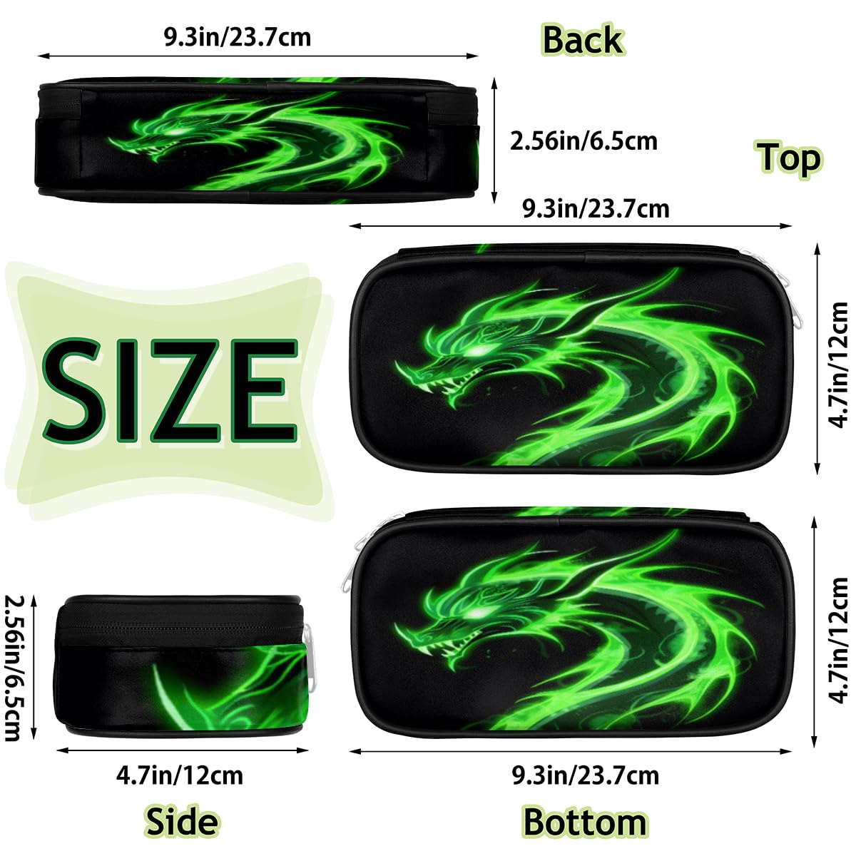 Pencil Case for Girls Boys Green Dragon Pencil Pouch Kids Teen Pencil Bags with Zipper PU Leather Pencil Organizer School Pencil Box Marker Case Organizer