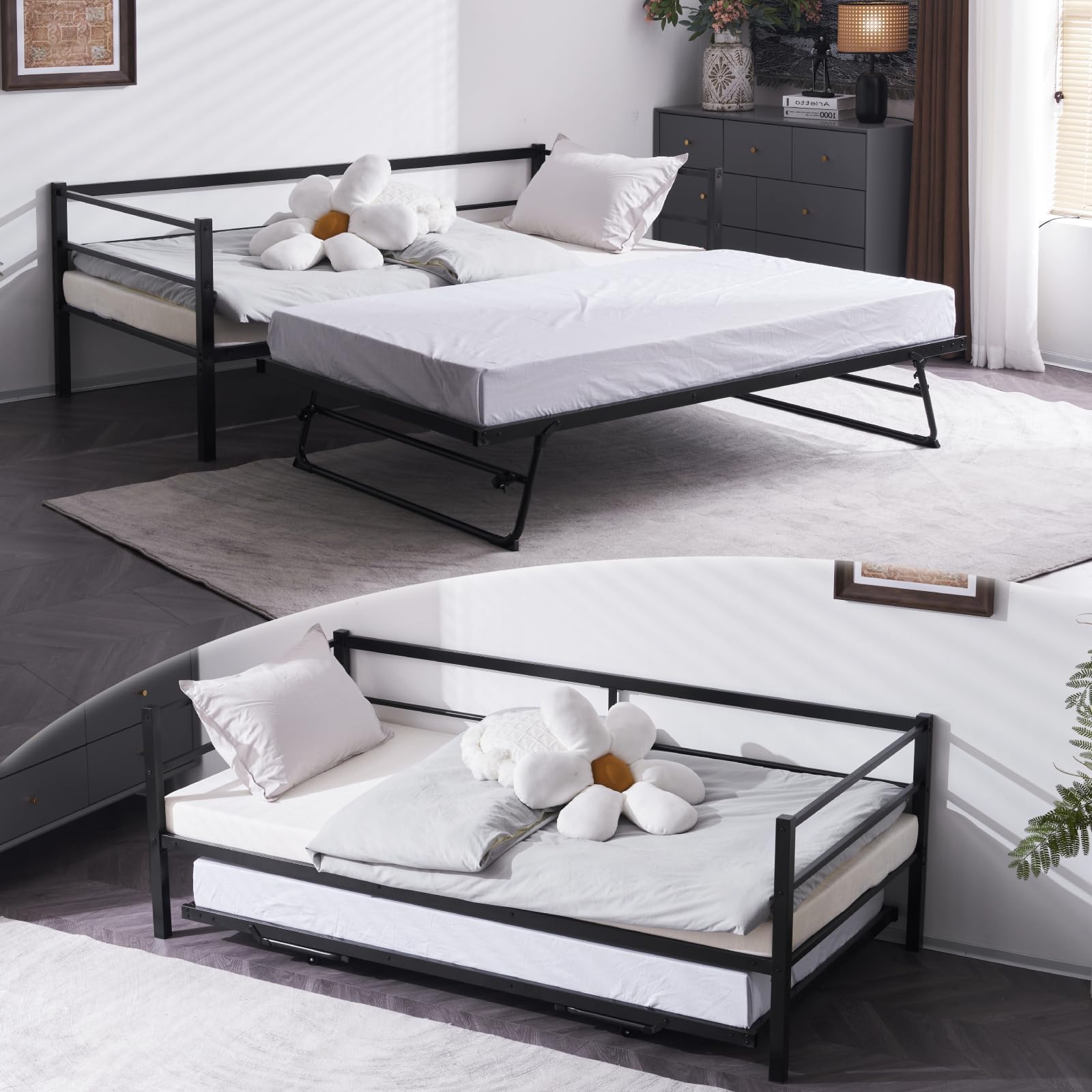 VINGLI Daybed with Pop Up Trundle, Heavy Duty Metal Twin Bed with Trundle, No Box Spring Needed, Black