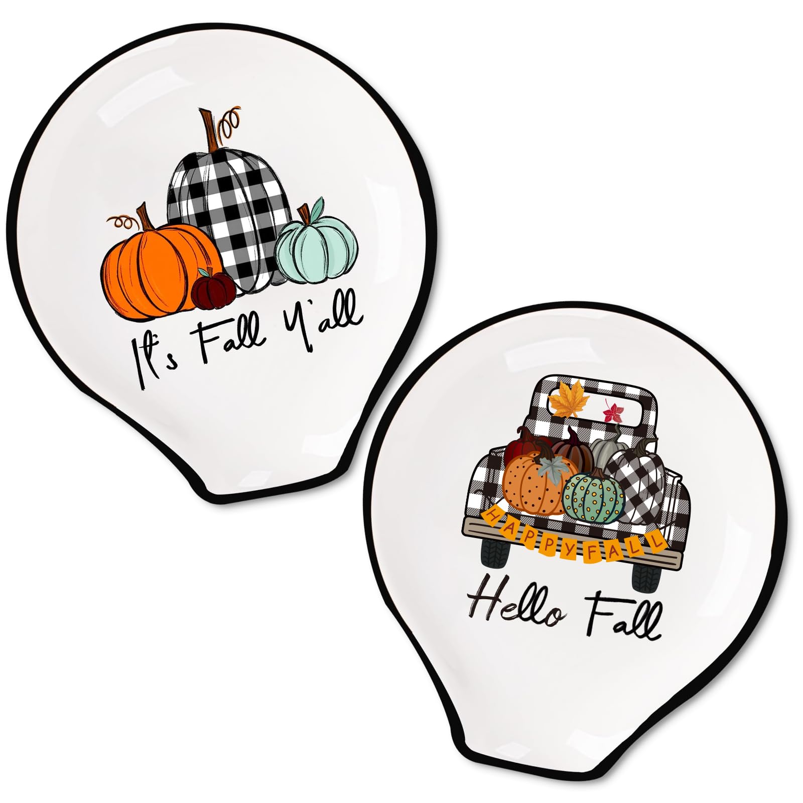 JarThenaAMCS 2Pcs Fall Spoon Rest Plaid Pumpkin Truck Ceramic Spoon Holder Farmhouse Sauce Dishes Ring Dish for Autumn Thanksgiving Kitchen Home Office Decor