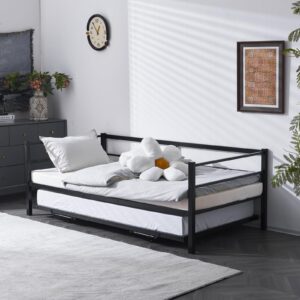 VINGLI Daybed with Pop Up Trundle, Heavy Duty Metal Twin Bed with Trundle, No Box Spring Needed, Black