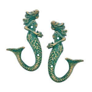 sungmor set of 2 cast iron mermaid wall hooks, vintage rustic wall key coat hanger, beach nautical theme bathroom decorative towel hooks, antique green mermaid wall decor