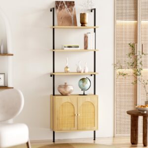 Ladder Bookshelf with Cabinet, 6 Tier Wall Mount Ladder Bookcase with Rattan Cabinet, Tall Open Ladder Shelf with Metal Frame for Living Room, Bathroom, Home Office, Natural