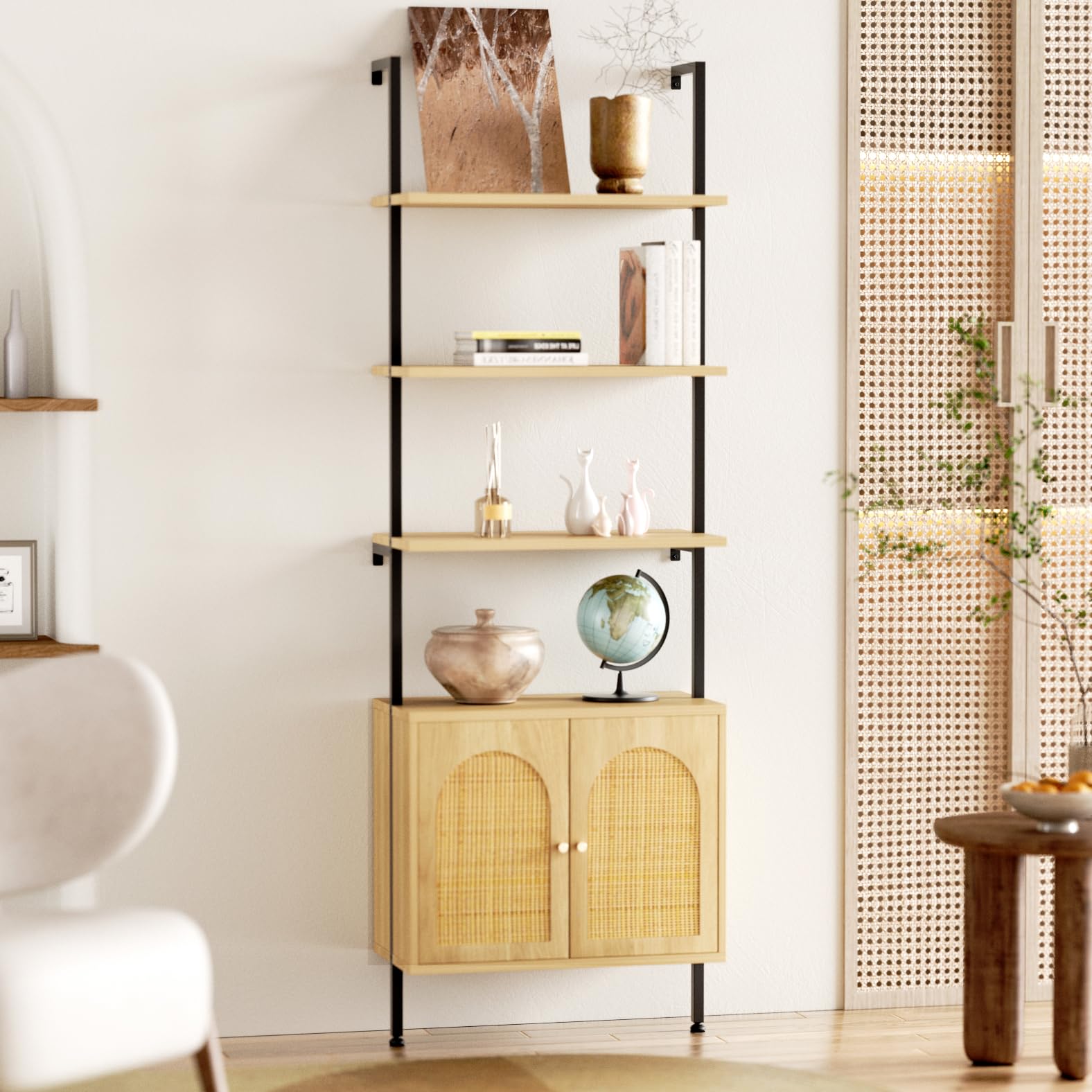 Ladder Bookshelf with Cabinet, 6 Tier Wall Mount Ladder Bookcase with Rattan Cabinet, Tall Open Ladder Shelf with Metal Frame for Living Room, Bathroom, Home Office, Natural