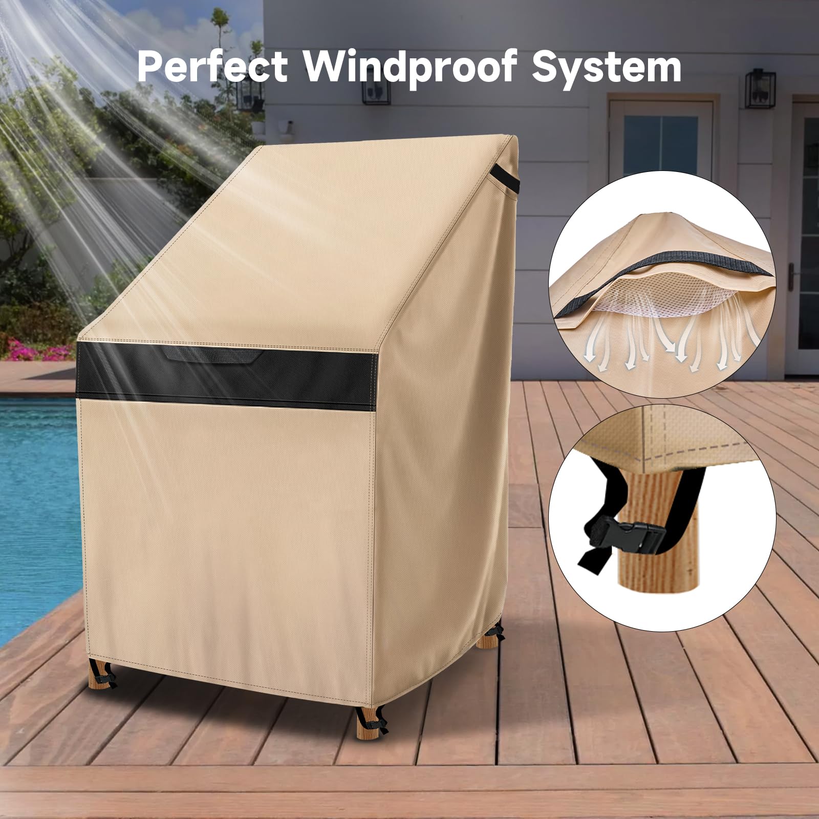 NEVERLAND Stackable Patio Chair Covers, Stacking Outdoor Chair Covers Waterproof with 600D Heavy Duty Material, Lawn Chair Covers Fits for 4-6 Stackable Paito Chairs-36"Lx28"Wx47"H (Golden)