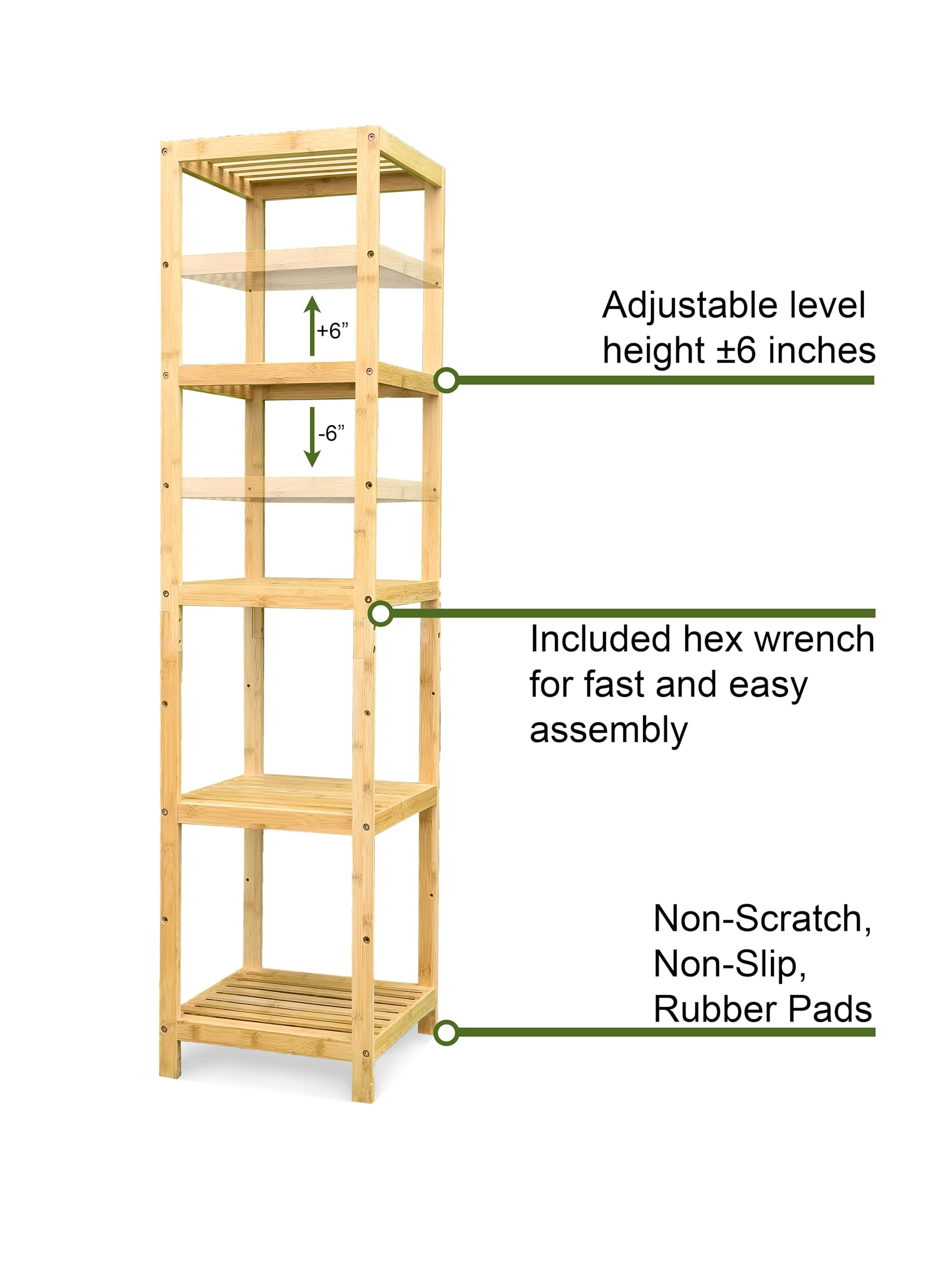 Bam & Boo - 5-Tier Multipurpose Square Shelf Modern Natural Bamboo - for Living Room, Bedroom, Office, Kitchen, Pantry(55” x 13.4” x 13.4”)