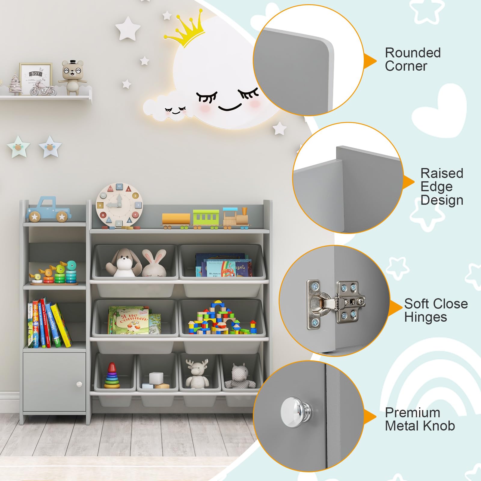 Costzon Kids Toy Storage Organizer, 4-Tier Kids Bookshelf with 8 Toy Organizer Bins, Montessori Shelf with Large Cabinet, Toddler Book Shelf, Children Bookcase for Playroom, Nursery, Daycare (Grey)