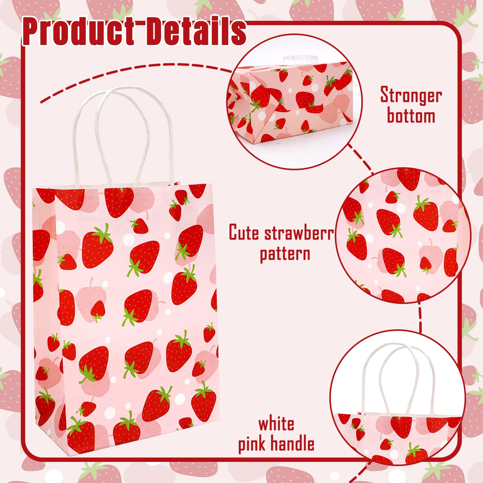 Generic AnyDesign 24Pcs Strawberry Paper Gift Bags with Handles Red Pink Strawberry Party Favor Bags Cute Goodie Candy Treat Bag for Berry Sweet Baby Shower Birthday Wedding Party Supplies