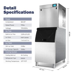 22" Commercial Ice Maker Machine 600LBS/24H with 350LBS Storage Bin, 990W SECOP Compressor, 220 Half Cube Ice Ready in 8-15 min, Air Cooled, Industrial Ice Machine for Business