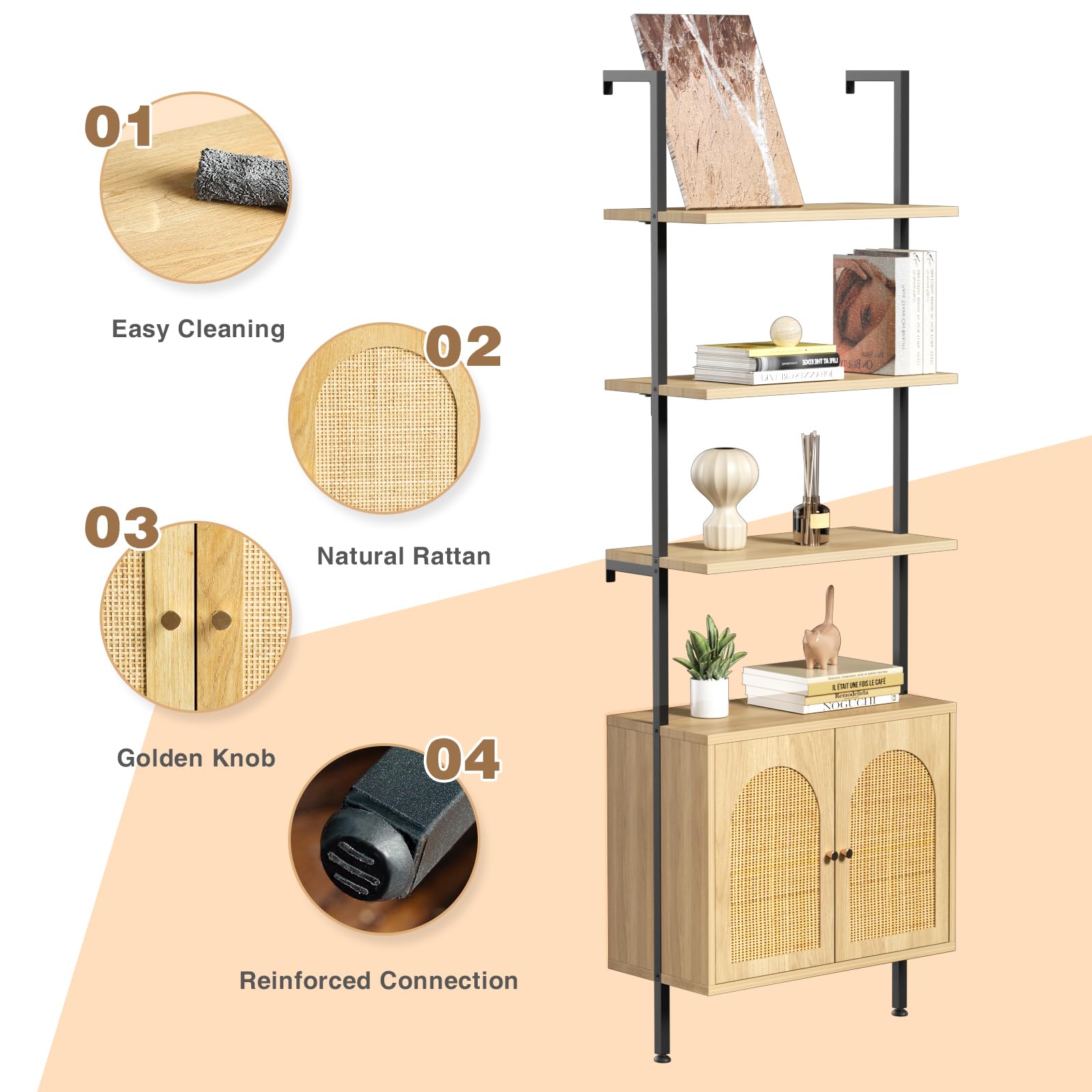 Ladder Bookshelf with Cabinet, 6 Tier Wall Mount Ladder Bookcase with Rattan Cabinet, Tall Open Ladder Shelf with Metal Frame for Living Room, Bathroom, Home Office, Natural