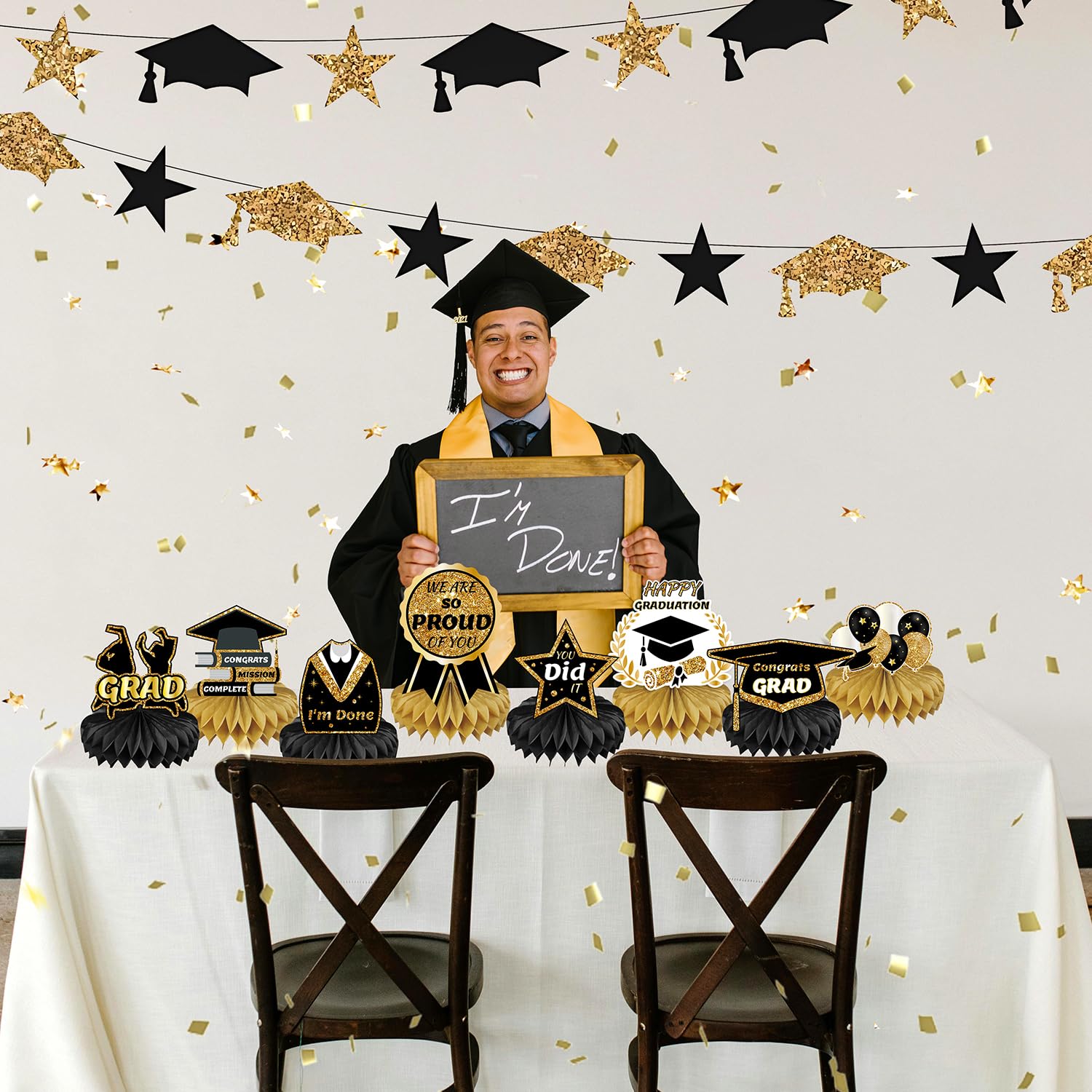 Graduation Decorations Class of 2024, 9PCS 2024 Graduation Party Decorations,Congrats Grad Table Centerpiece Congratulate Graduation Honeycomb Table Toppers for Graduation Party Supplies