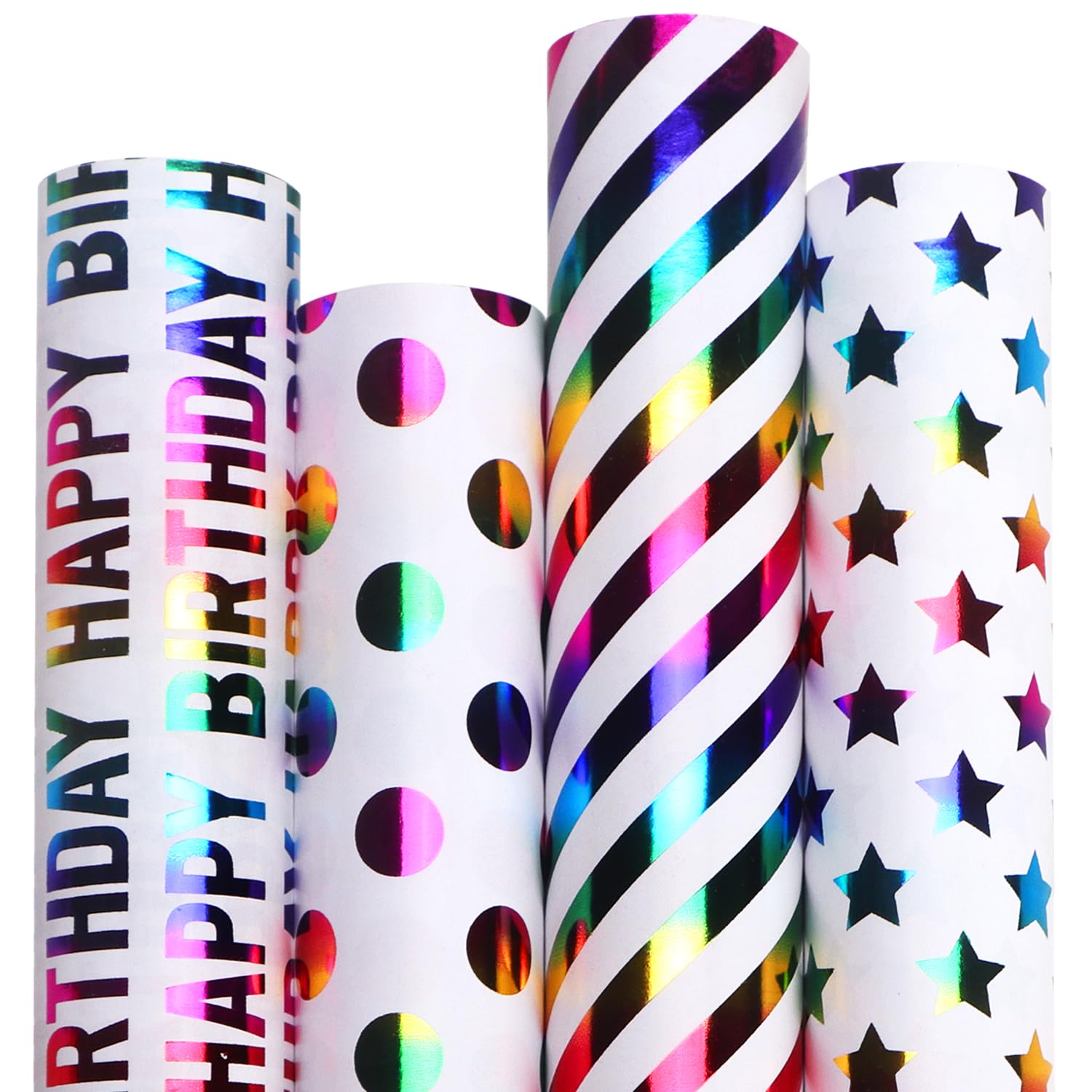 Ribbli Birthday Wrapping Paper 30 Inch Iridescent Gift Wrapping Paper 4 Rolls Happy Birthday Polka Dots Stripes Stars Printed Assortment -120 inch(10feet) Per Roll