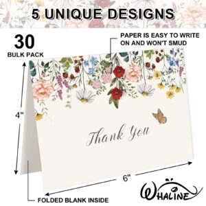 Whaline 30 Pack Wildflower Thank You Cards Vintage Floral Greeting Cards with Envelopes Stickers Retro Flower Blank Note Cards for Wedding Bridal Baby Shower Birthday Party Supplies, 4 x 6 Inch