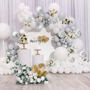 Silver White and Grey Balloon Arch Kit - 110Pcs Metallic Silver Latex Balloons Garland with Silver Confetti Balloons - Ideal for Wedding Bridal Shower Engagement Birthday Party Decorations Supplies