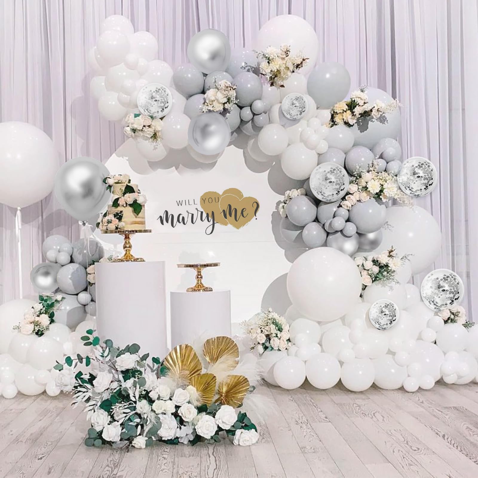 Silver White and Grey Balloon Arch Kit - 110Pcs Metallic Silver Latex Balloons Garland with Silver Confetti Balloons - Ideal for Wedding Bridal Shower Engagement Birthday Party Decorations Supplies