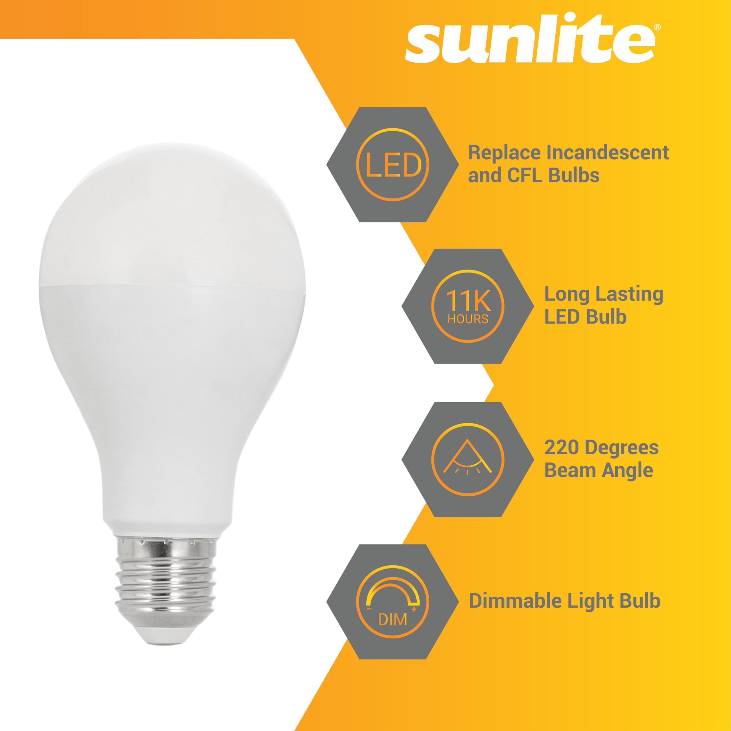 Sunlite LED A21 Light Bulb, 18 Watts (150W Equivalent), 2600 Lumens, 120V, Dimmable, Medium E26 Base, 220 Degree Beam Angle, UL Listed, RoHS Compliant, 3000K Warm White, 1 Pack