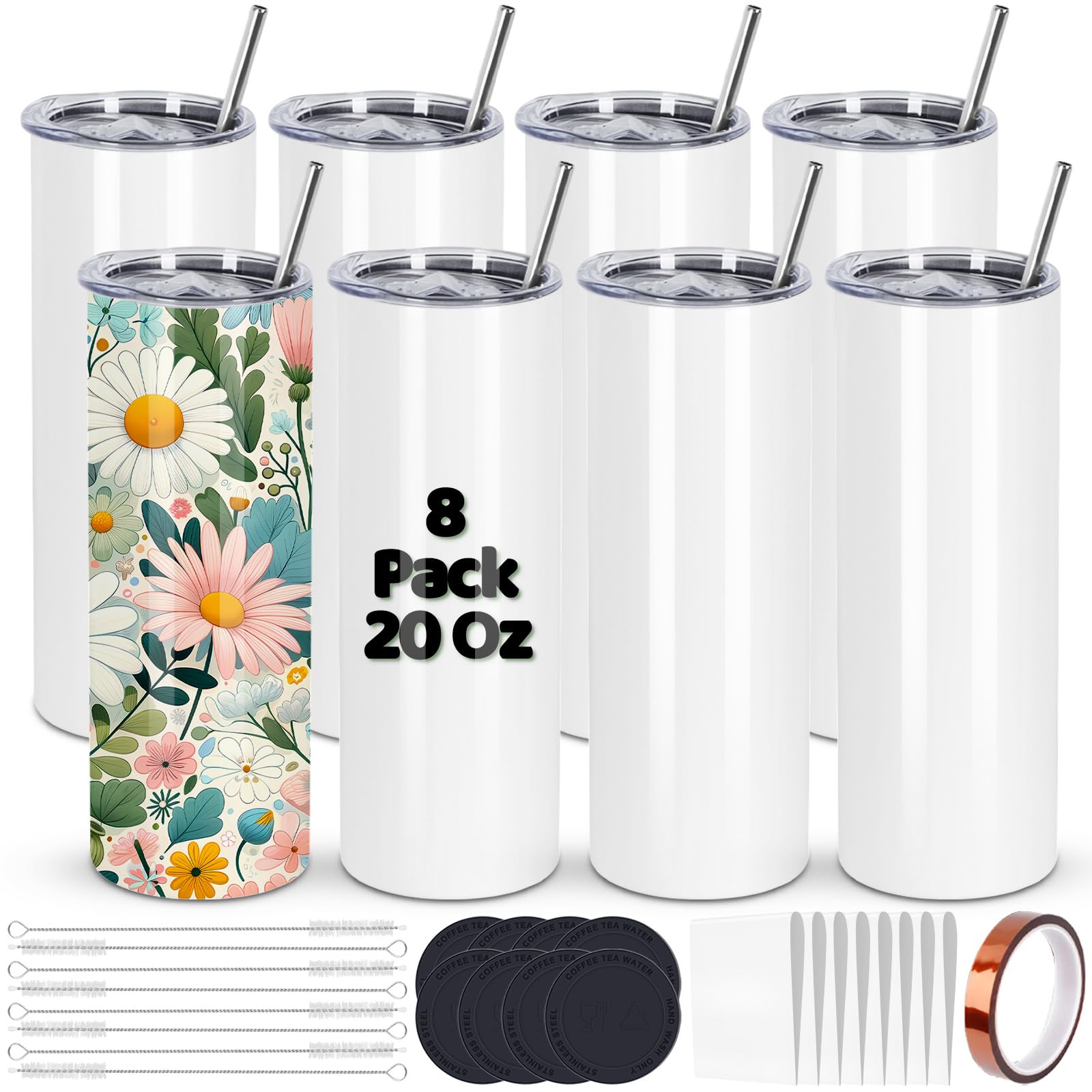 Maucircol 8 Pack Sublimation Tumblers Bulk, 20 oz Sublimation Tumbler Blank, Stainless Steel Sublimation Cups with Lid and Straw, Shrink Wrap, Sublimation Paper, Individually Boxed