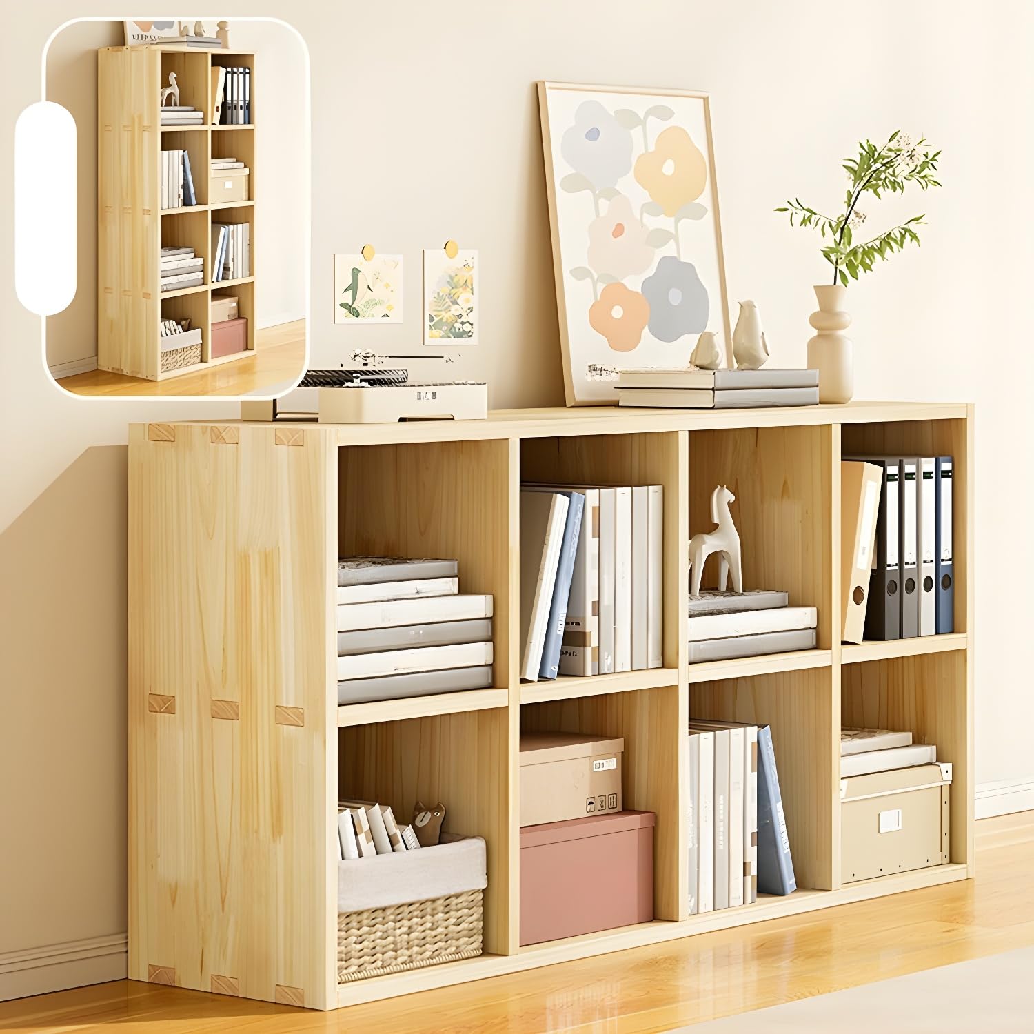 LITFAD Solid Wood Cube Bookcase with Storage Shelves and Closed Back Modern Floor Bookshelf in Natural for Home Office Study Room Library - 47.2" L x 11.8" W x 23.6" H