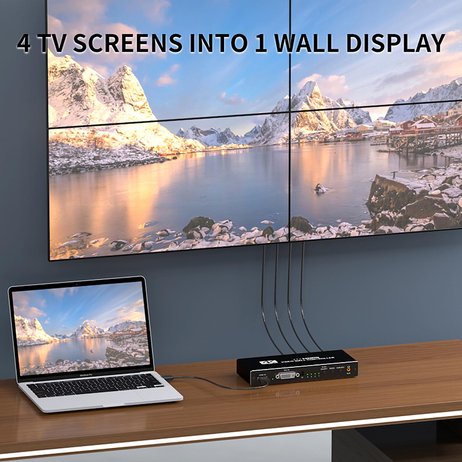 Video Wall Controller 2x2,HDMI 4K Video Wall Processor with RS232,180° Rotate Multiple TV Screens 1 Picture 8 Splicing Modes 1x1,2x2,1x2,1x3,1x4,2x1,3x1,4x1,4 TV Screens into 1 Wall Display