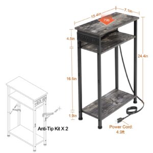 AMHANCIBLE Narrow Side Table Set of 2 with Charging Station, Small End Tables for Small Spaces, 3-Tier Skinny Side Table, Narrow End Table with USB Ports, Narrow Nightstand Set 2, HETN03KG