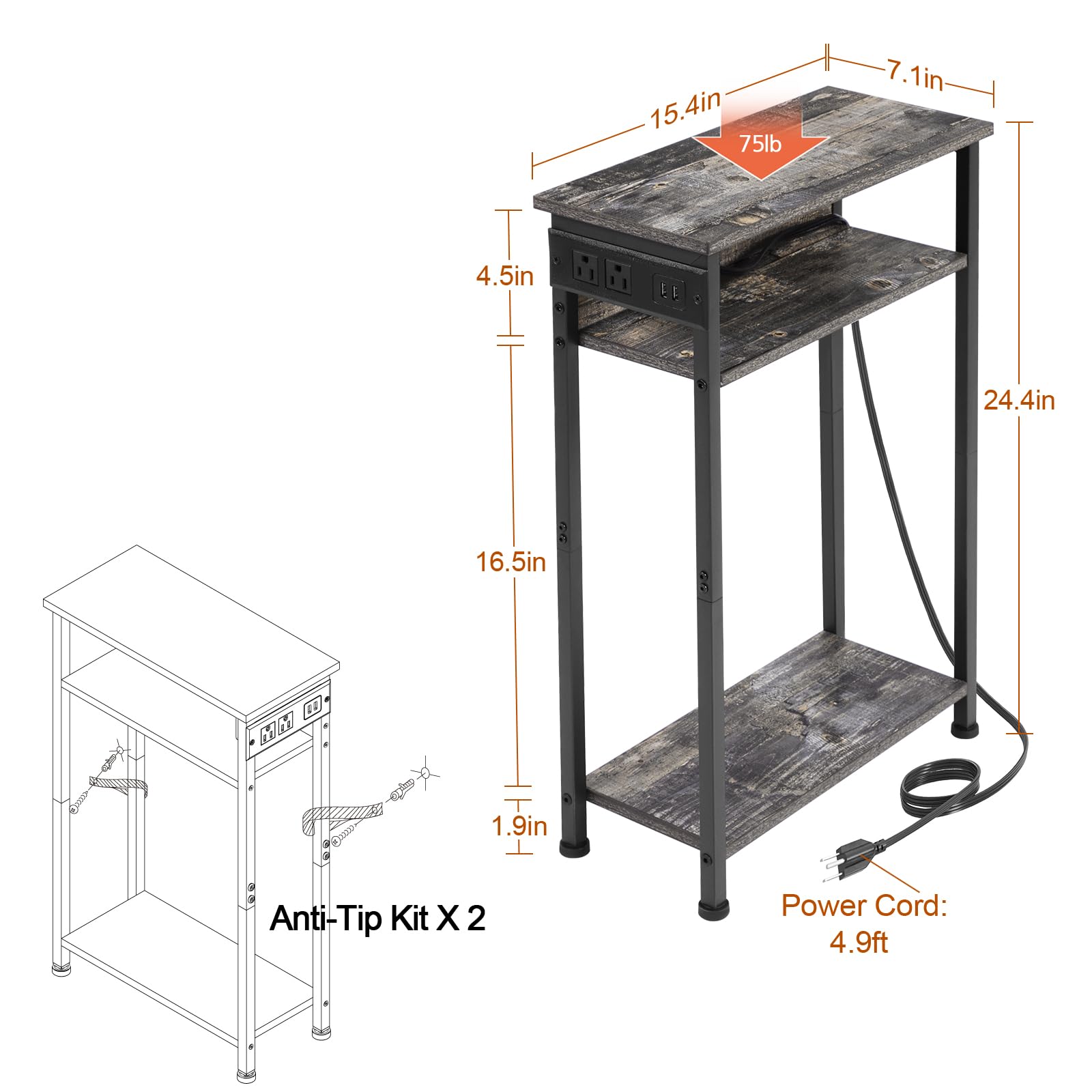 AMHANCIBLE Narrow Side Table Set of 2 with Charging Station, Small End Tables for Small Spaces, 3-Tier Skinny Side Table, Narrow End Table with USB Ports, Narrow Nightstand Set 2, HETN03KG