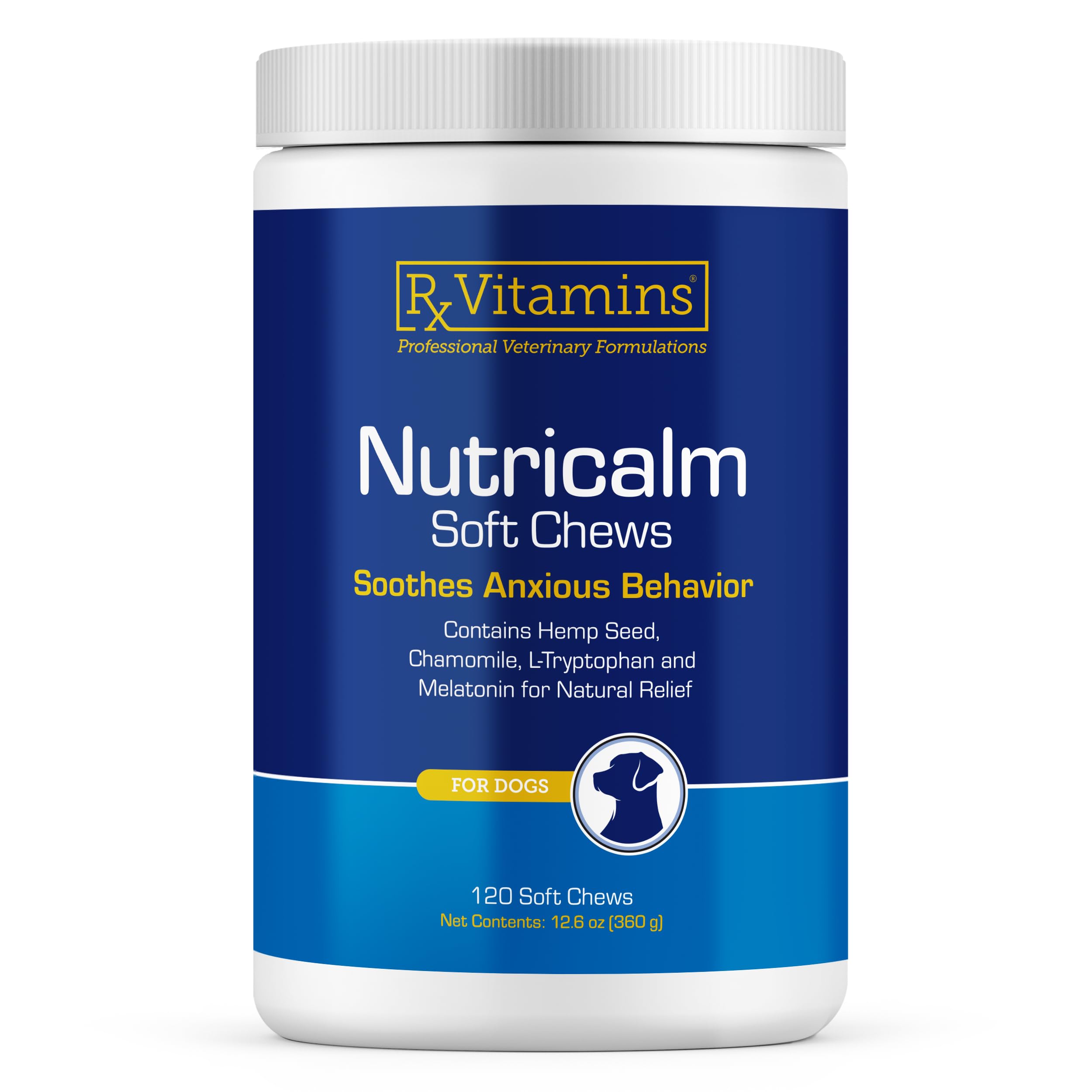 Rx Vitamins NutriCalm - Hemp Calming Chews for Dogs - Dog Calming Chews with Melatonin and Chamomile - Anxiety Relief Treats - Provides Relaxation & Separation Anxiety Relief for Dogs - 120 Capsules