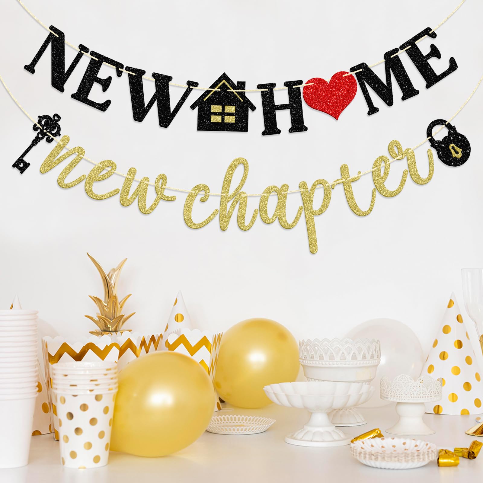 New Home New Chapter Banner, Pre-strung New Home Banner, Housewarming Party Decorations, Home Decor, Black & Gold Glitter