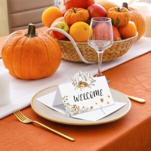 Whaline 100Pcs Fall Place Cards 3.5 x 2 Inch Pumpkin Leaves Tented Cards Autumn Seating Cards for Thanksgiving Party Table Setting Supplies