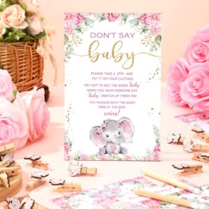 Patelai 321 Pcs Baby Shower Games Supplies, 5 Sets (50 Cards Each) Activities Cards with 20 Pencils 1 Don't Say Baby Sign 50 Clothespin(Pink Elephant)