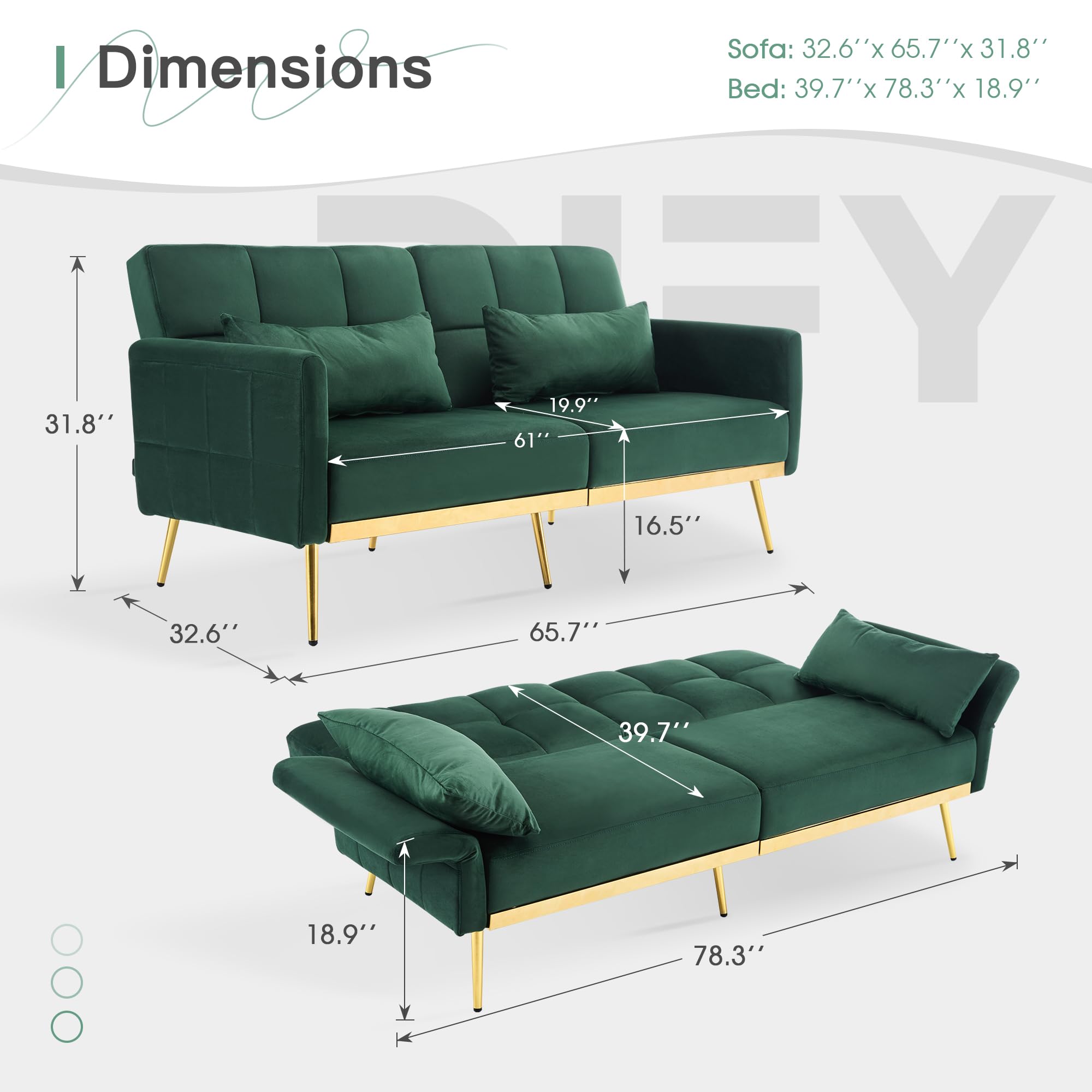 DIFY 70'' Velvet Futon Sofa Bed, Convertible Sleeper Sofa Tufted Couch with Adjustable Armrests and Backrest, Modern Loveseat Sleeper Bed with 2 Bolster Pillows for Living Room, Green