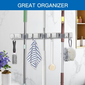 EYEDESL 2 Pack Mop Broom Holder Wall Mount, Stainless Steel Self Adhesive Heavy Duty Broom Organizer Storage Tool for Home Kitchen Laundry Garden Garage (3 Racks with 4 Hooks)