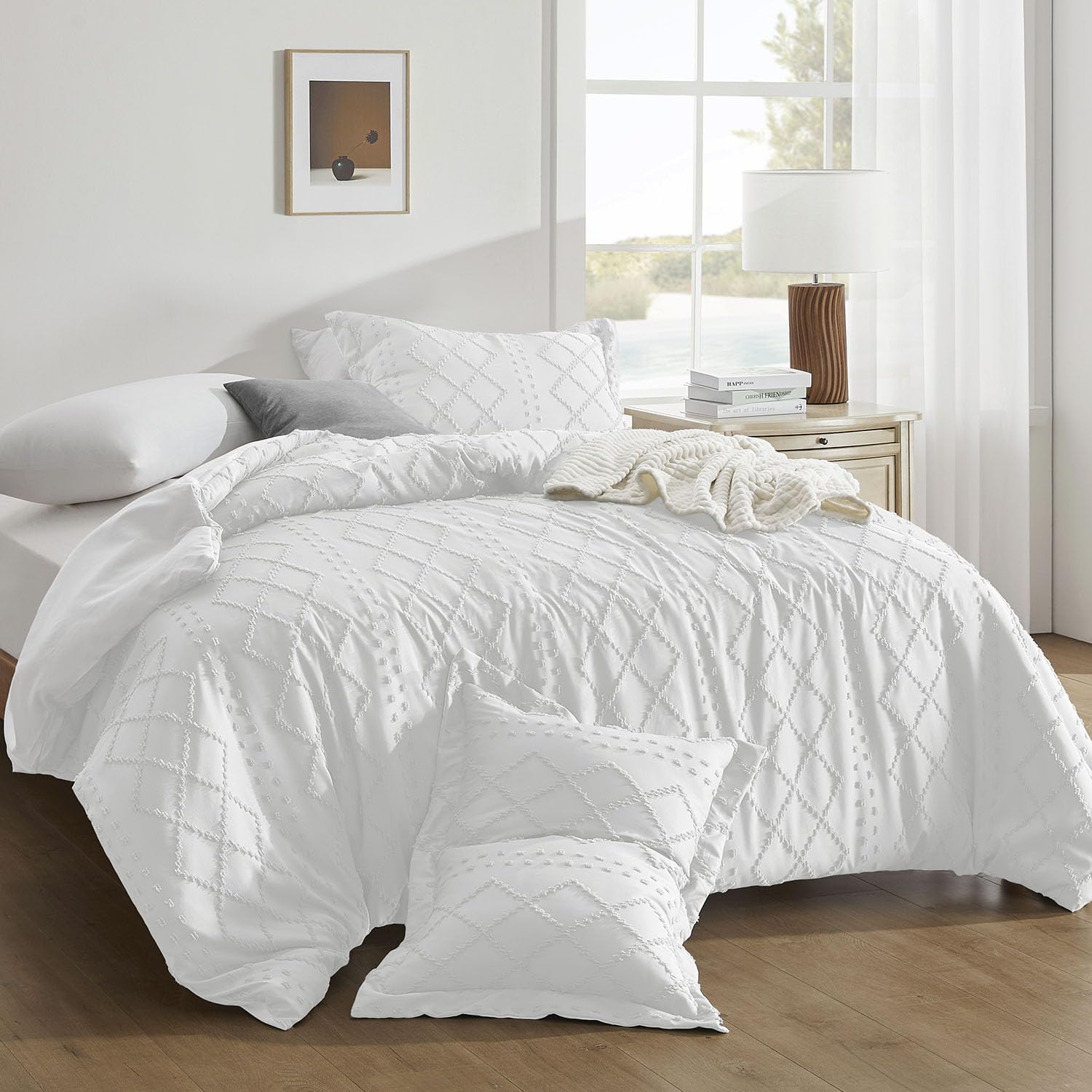 downluxe Boho Duvet Cover Queen - Embroidery Shabby Chic Queen Duvet Cover Set for All Seasons, 3 Pieces Tufted Boho Bedding, Comforter Cover with Zipper (White 02, Queen, 90" x 90")