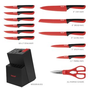 hecef 13 Pieces Kitchen Knife Set with Built-in Sharpening Wooden Block, High Carbon Stainless Steel Knife Block Set with Steak Knives, Kitchen Scissors, Red