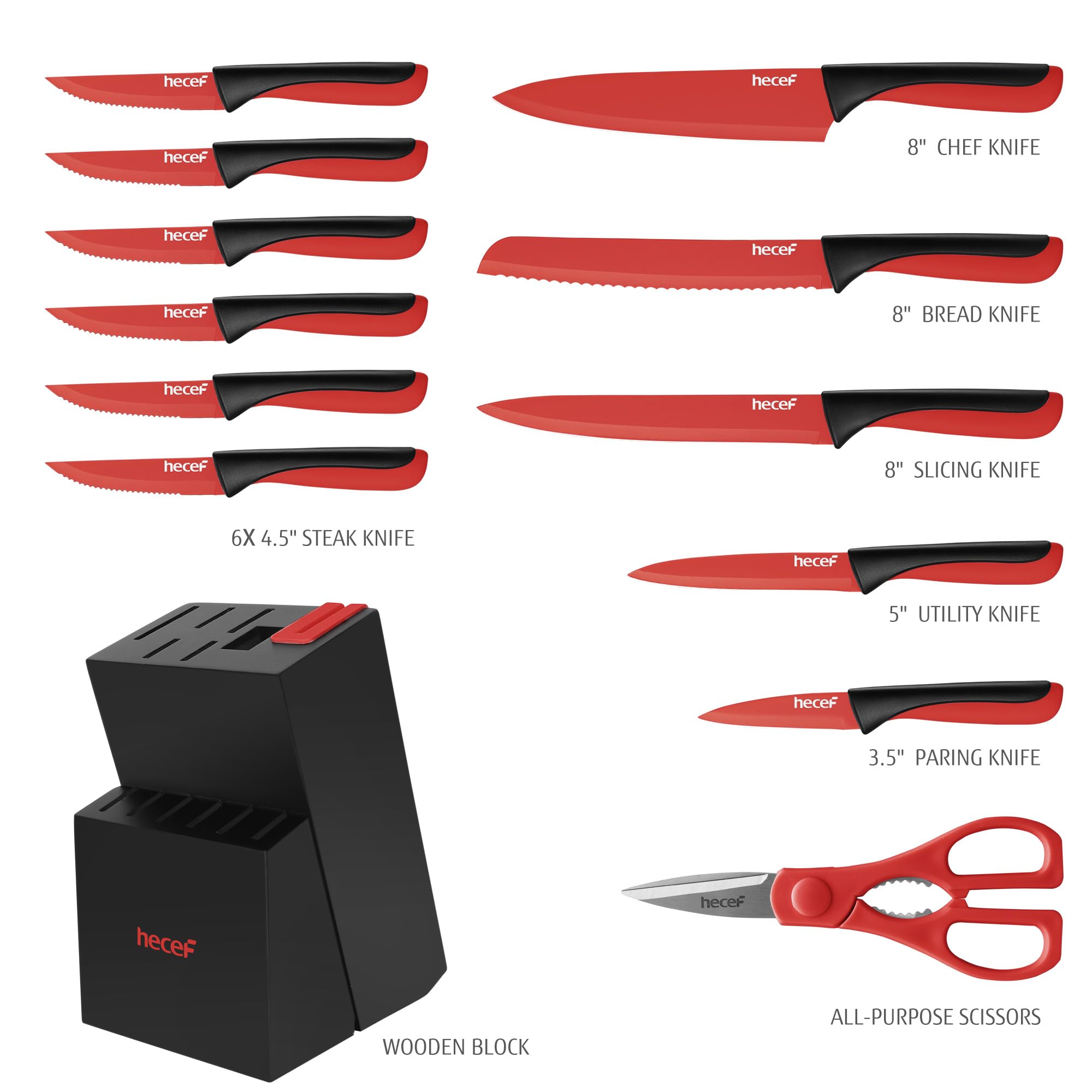 hecef 13 Pieces Kitchen Knife Set with Built-in Sharpening Wooden Block, High Carbon Stainless Steel Knife Block Set with Steak Knives, Kitchen Scissors, Red